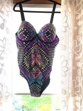 Swimsuits For All Geo-Print One-Piece Swimsuit in Purple, Black, Teal and Pink